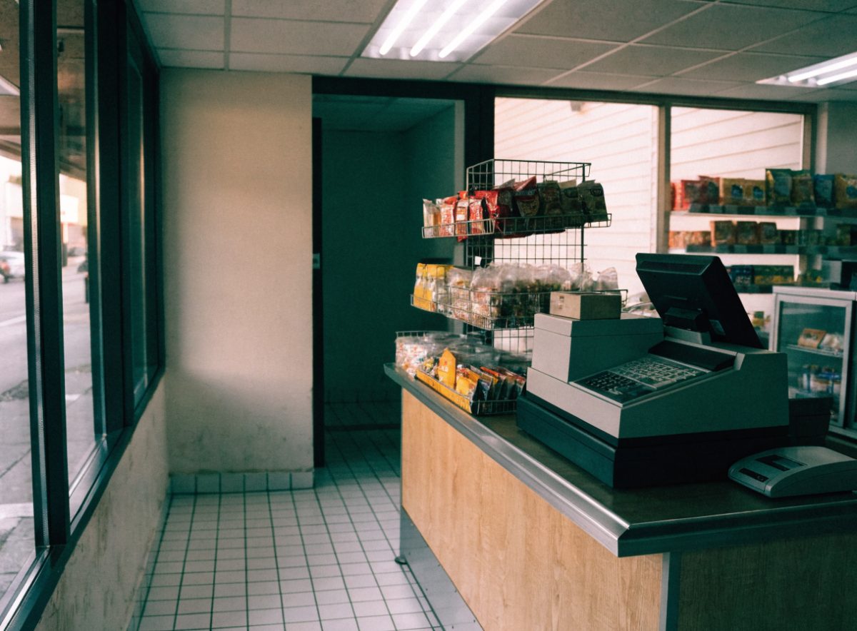 Checkout counter near the storefront